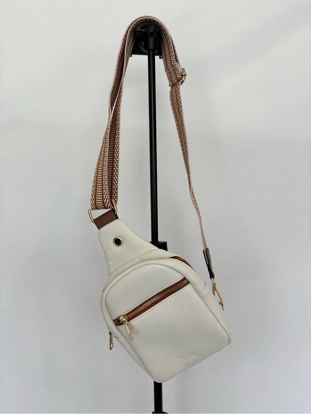 Cream Crossbody Sling Bag with Brown Accent Strap